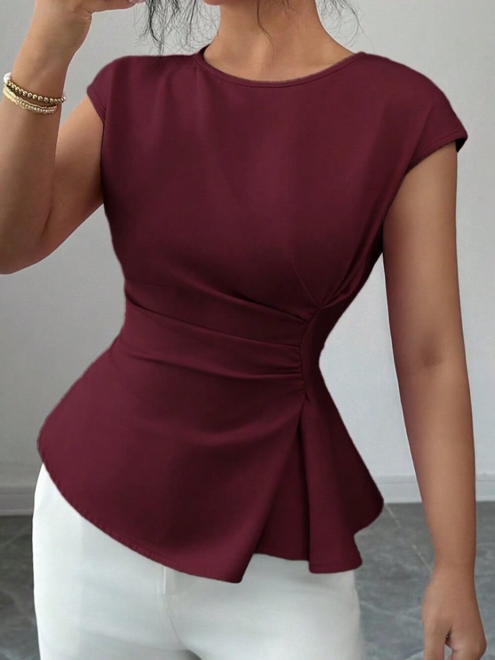 Burgundy Elegant Women's Neck Sleeveless Cinched Waist Blouse